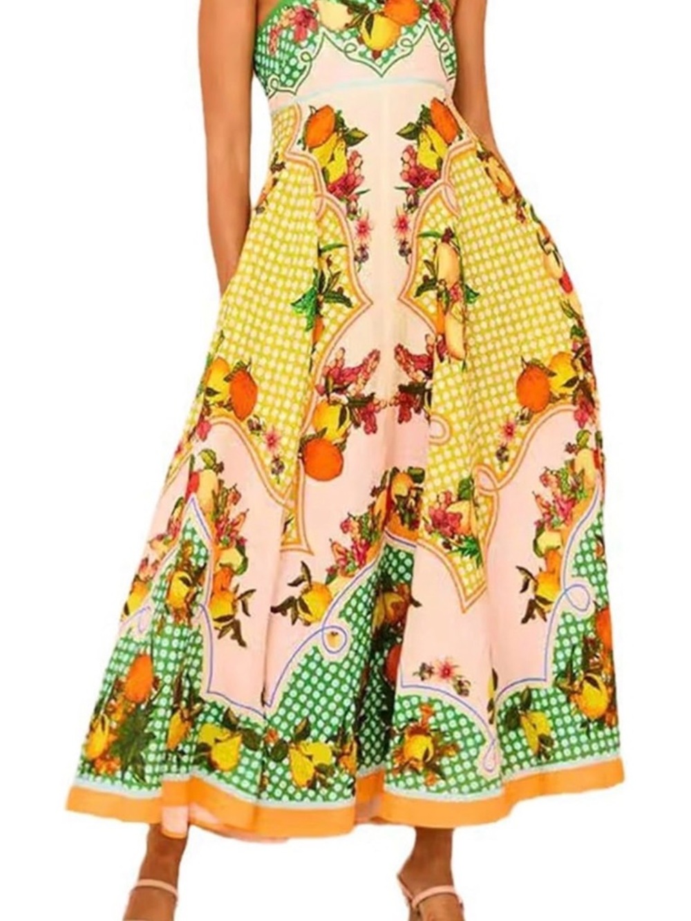 NEW Floral Citrus Print A-Line Maxi Dress in Yellow & Pink